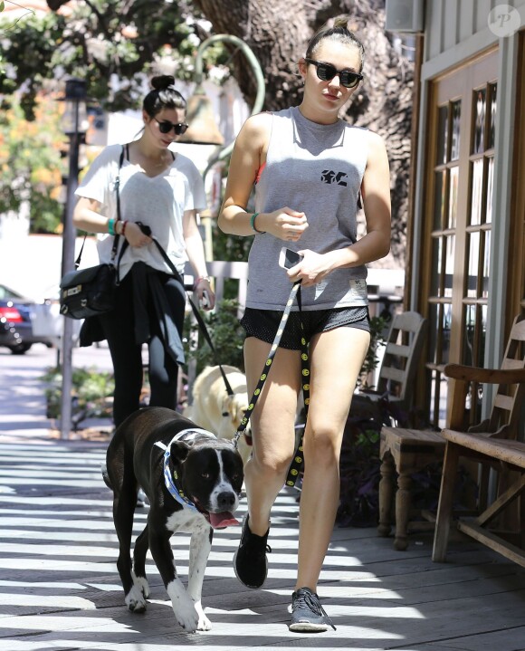 Exclusif - Miley Cyrus se promène avec une amie et leurs chiens respectifs à Calabasas, le 4 août 2015. 