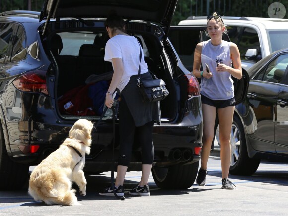 Exclusif - Miley Cyrus se promène avec une amie et leurs chiens respectifs à Calabasas, le 4 août 2015.  
