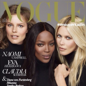 Claudia Schiffer avec Naomi Campbell et Eva Herzigova, en couverture du magazine Vogue Turquie novembre 2014