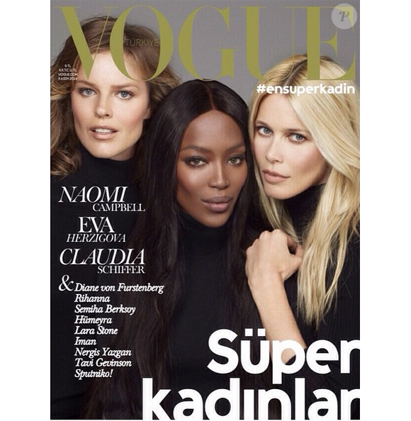Claudia Schiffer avec Naomi Campbell et Eva Herzigova, en couverture du magazine Vogue Turquie novembre 2014