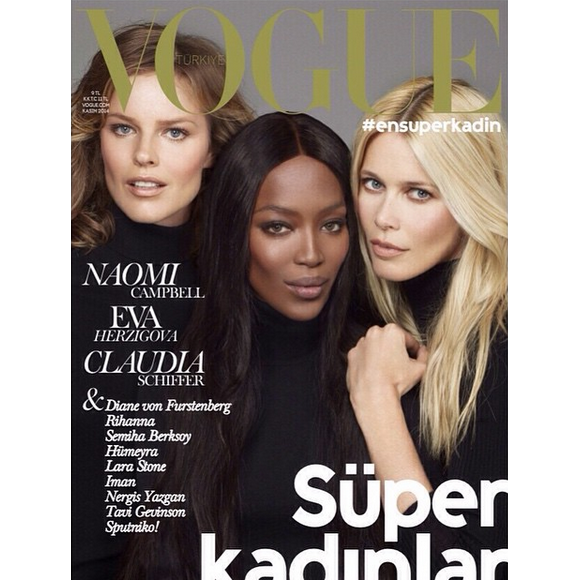 Claudia Schiffer avec Naomi Campbell et Eva Herzigova, en couverture du magazine Vogue Turquie novembre 2014