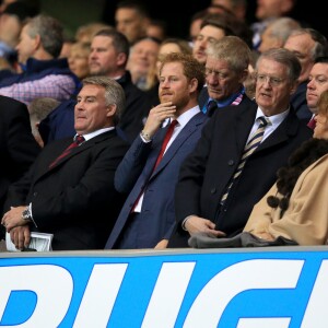 Le prince Harry lors de France - Canada au Mondial de rugby à Milton Keynes le 1er octobre 2015