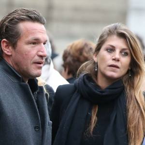 Benjamin Castaldi et sa compagne Aurore Aleman - Obsèques de Danièle Delorme en l'église de Saint-Germain-des Prés à Paris le 23 octobre 2015.