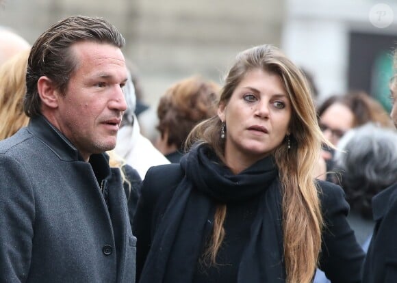 Benjamin Castaldi et sa compagne Aurore Aleman - Obsèques de Danièle Delorme en l'église de Saint-Germain-des Prés à Paris le 23 octobre 2015.
