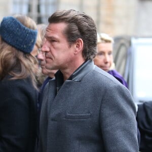 Benjamin Castaldi et sa compagne Aurore Aleman - Obsèques de Danièle Delorme en l'église de Saint-Germain-des Prés à Paris le 23 octobre 2015.