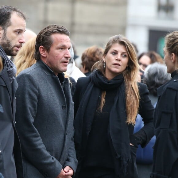 Benjamin Castaldi et sa compagne Aurore Aleman - Obsèques de Danièle Delorme en l'église de Saint-Germain-des Prés à Paris le 23 octobre 2015.