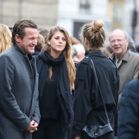 Benjamin Castaldi et sa compagne Aurore Aleman - Obsèques de Danièle Delorme en l'église de Saint-Germain-des Prés à Paris le 23 octobre 2015.
