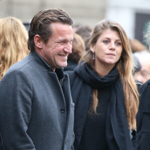 Benjamin Castaldi et sa compagne Aurore Aleman - Obsèques de Danièle Delorme en l'église de Saint-Germain-des Prés à Paris le 23 octobre 2015.