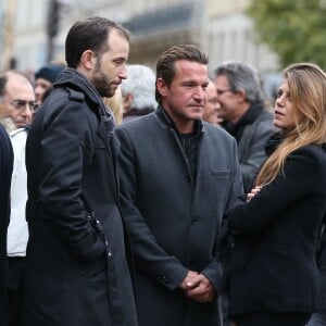Benjamin Castaldi, sa compagne Aurore Aleman et Jean Rochefort - Obsèques de Danièle Delorme en l'église de Saint-Germain-des Prés à Paris le 23 octobre 2015.