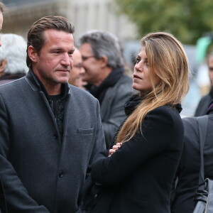 Benjamin Castaldi et sa compagne Aurore Aleman - Obsèques de Danièle Delorme en l'église de Saint-Germain-des Prés à Paris le 23 octobre 2015.