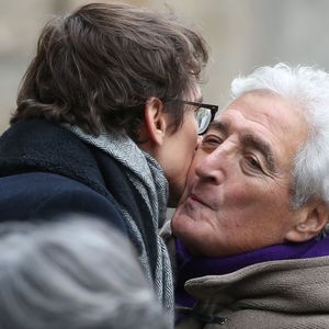 Hugo Gélin (petit-fils de Danièle Delorme) et Jean-Loup Dabadie - Obsèques de Danièle Delorme en l'église de Saint-Germain-des Prés à Paris le 23 octobre 2015.