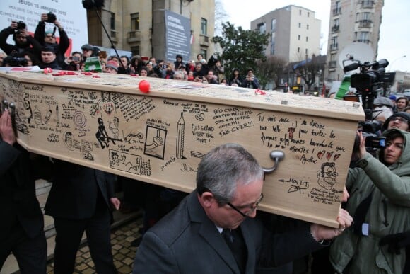 Obsèques de Tignous (Bernard Verlhac) à la mairie de Montreuil, le 15 janvier 2015.
