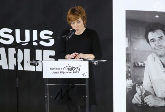 Chloé Verlhac aux obsèques de son mari Tignous (Bernard Verlhac) à la mairie de Montreuil, le 15 janvier 2015.