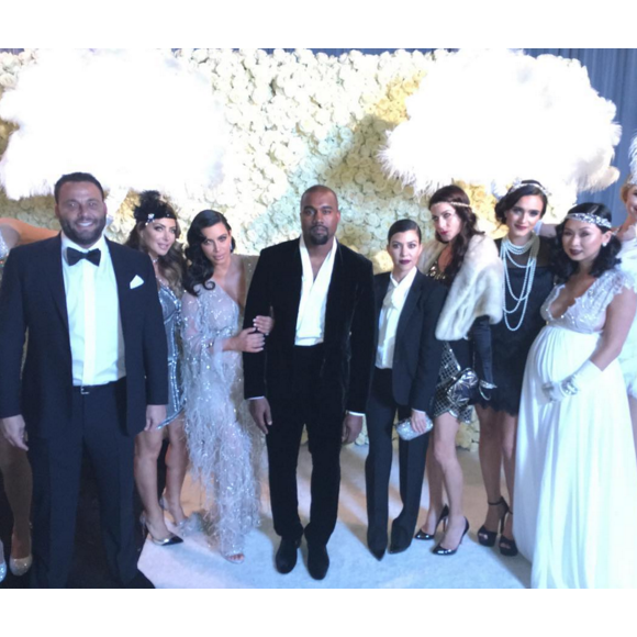 Larsa Pippen, Kim Kardashian, Kanye West et Kourtney Kardashian lors de la soirée d'anniversaire de Kris Jenner (60 ans) à Los Angeles. Le 6 novembre 2015.