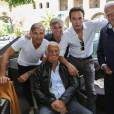 Exclusif : Jean-Paul Belmondo, Paul Belmondo, Cyril Viguier, Anthony Delon et Charles Gerard sur le tournage du documentaire Belmondo par Belmondo à Rome le 22 mai 2014.