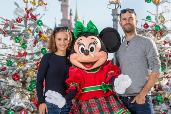 American actress Natalie Portman and her husband French dancer and choreographer, the Director of Dance at the Paris Opera Ballet Benjamin Millepied pose along with Minnie ahead of the new Christmas season launch during their visit to Disneyland Paris entertainmenet resort, in Marne-la-Vallee, near Paris, France on October 30, 2015. Photo by Disneyland Paris/ABACAPRESS.COM06/11/2015 - Paris