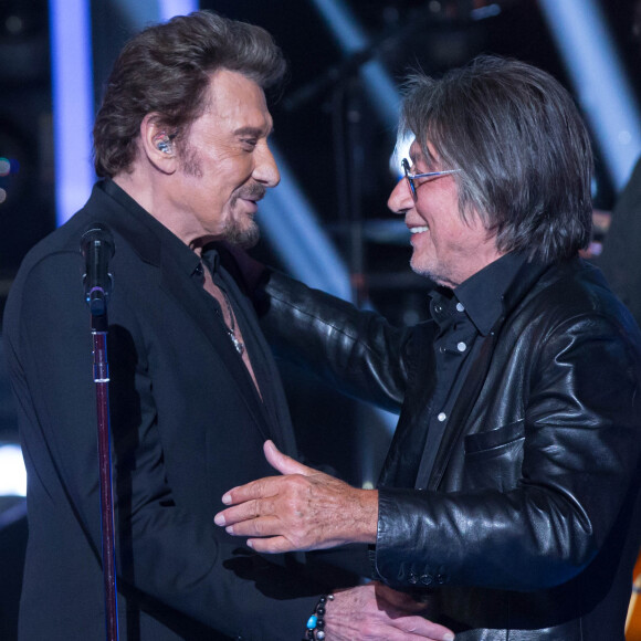 Exclusif - Johnny Hallyday et Jacques Dutronc - Enregistrement le 28 octobre de l'émission "Le Grand Show : Spécial Johnny Hallyday". Diffusion sur France 2 le 28 novembre ©Cyril Moreau/Bestimage.