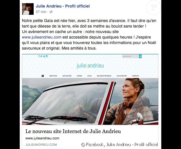Julien Andrieu a annoncé la naissance de sa fille sur son compte Facebook. Le 17 décembre 2015