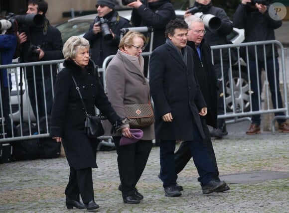 Patrick Pelloux, Denise et Michel Charbonnier, les parents du dessinateur Charb - Obsèques de Michel Delpech en l'église Saint-Sulpice à Paris, le 8 janvier 2016.