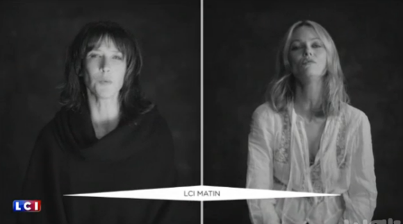 Sophie Marceau et Vanessa Paradis dans l'extrait du clip de la chanson Liberté, nouvel hymne des Enfoirés. Janvier 2016.
