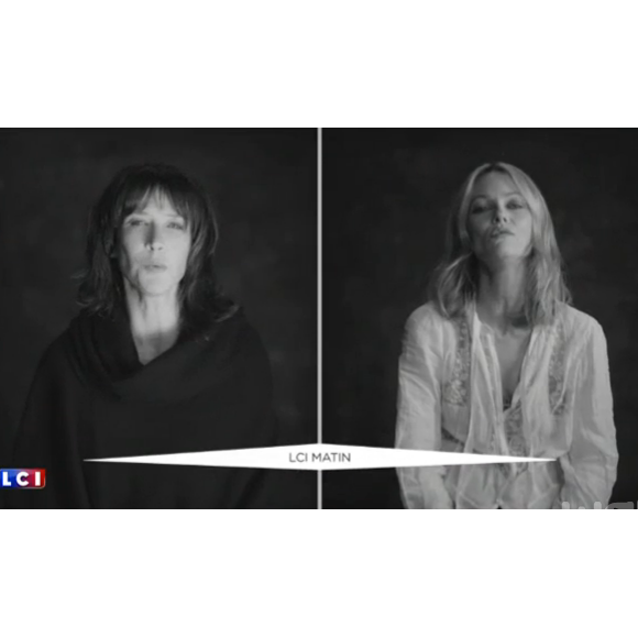 Sophie Marceau et Vanessa Paradis dans l'extrait du clip de la chanson Liberté, nouvel hymne des Enfoirés. Janvier 2016.