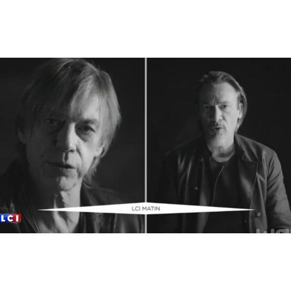 Jean-Louis Aubert et Florent Pagny dans l'extrait du clip de la chanson Liberté, nouvel hymne des Enfoirés. Janvier 2016.