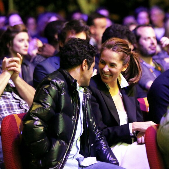 Jamel Debbouze et sa femme Mélissa Theuriau lors de la cérémonie de clôture et palmarès du 19e Festival International du film de Comédie de l'Alpe d'Huez, le 16 janvier 2016. Le film "La vache" remporte trois récompenses, le Grand Prix, Prix du Public et le Prix d'Interprétation Michel Galabru (reçu par Fatsah Bouyahmed).