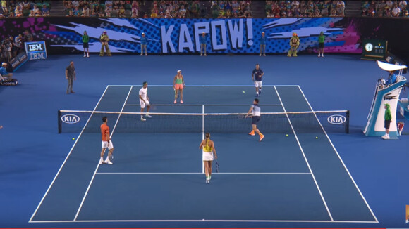 Milos Raonic, Caroline Wozniacki, Roger Federer, Lleyton Hewitt, Victoria Azarenka et Novak Djokovic lors du Kid's Day en marge de l'Open d'Australie au Melbourne Park de Melbourne, le 16 janvier 2016