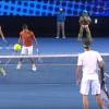 Milos Raonic, Caroline Wozniacki, Roger Federer, Lleyton Hewitt, Victoria Azarenka et Novak Djokovic lors du Kid's Day en marge de l'Open d'Australie au Melbourne Park de Melbourne, le 16 janvier 2016