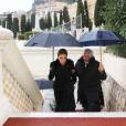 Semi-exclusif - Farah Diba Pahlavi, parmi une soixantaine de personnes proches de la défunte, assistait le 14 janvier 2016 aux obsèques de la princesse Ashraf Pahlavi, soeur jumelle du dernier Shah d'Iran (Mohammad Reza), au cimetière de Monaco le 14 janvier 2016.