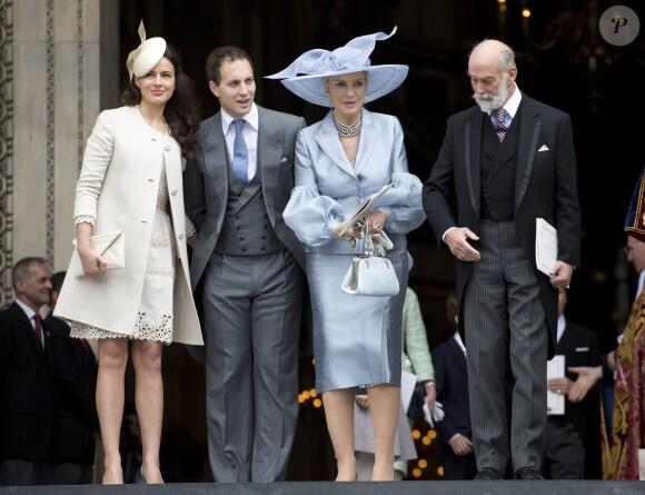Lord Frederick Windsor et Sophie Winkleman avec le prince et la princesse Michael de Kent le 5 juin 2012 à Londres sur les marches de la cathédrale Saint Paul à l'occasion d'un office pour le jubilé de diamant de la reine Elizabeth II. Le couple a accueilli le 16 janvier 2016 son deuxième enfant, Isabella.