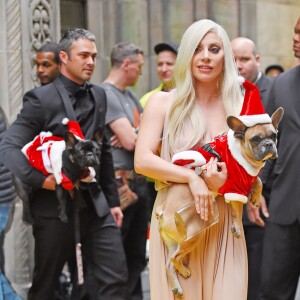 Lady Gaga et son compagnon Taylor Kinney arrivent avec leurs chiens, Miss Asia and Koji déguisés en père Noël à New York le 11 décembre 2015.