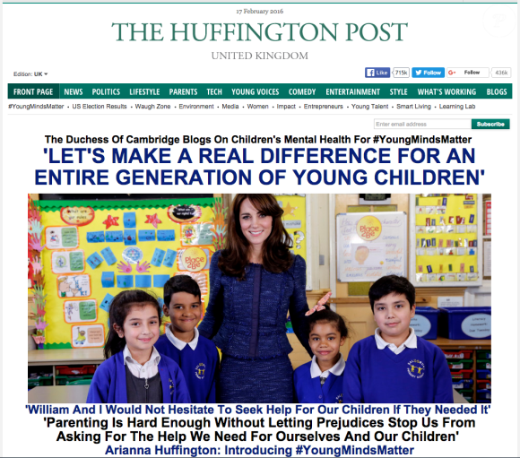 Kate Middleton était rédactrice en chef invitée du Huffington Post UK le 17 février 2016.