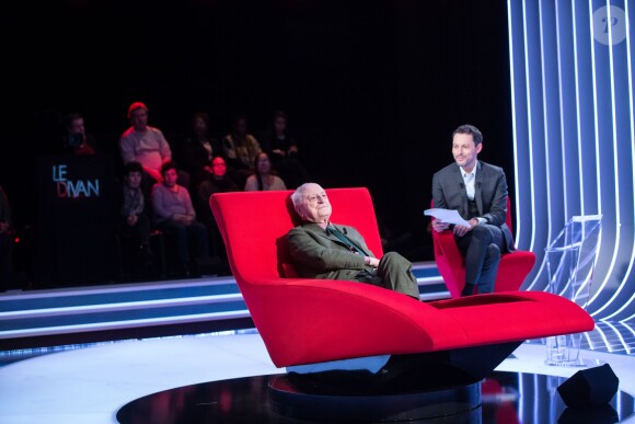 Exclusif - Pierre Bergé et Marc-Olivier Fogiel, lors de l'enregistrement de l'émission "Le Divan", le 11 février 2016, pour une diffusion sur France 3 le 23 février 2016 à 23h10. © Cyril Moreau