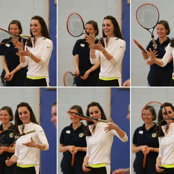 Kate Middleton a apporté son concours très volontaire à Judy Murray, mère de Jamie et Andy Murray, au lycée Craigmount d'Edimnourg le 24 février 2016 lors de l'opération "The Roadshow" de son programme Tennis on the Road.