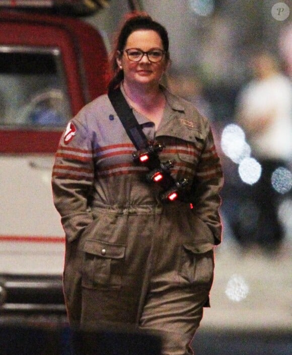 Exclusif - Melissa McCarthy en tournage sur le nouveau Ghostbusters à Boston le 14 juillet 2015.