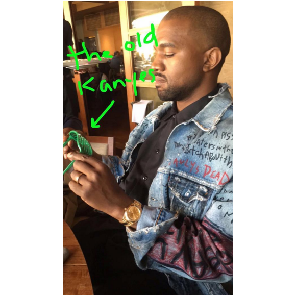 Kanye West lors de l'anniversaire de Rob Kardashian Jr. au restaurant Nobu de Malibu. Photo publiée sur le compte Snapchat de Kim Kardashian, le 17 mars 2016.