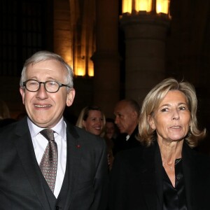 Philippe Bélaval (Président du Centre des monuments nationaux), Claire Chazal, Nikos Aliagas - Inauguration de l'exposition photographique de Nikos Aliagas intitulée "Corps et âmes" à la Conciergerie à Paris le 23 Mars 2016. L'animateur de TF1 présente, dans ce monument historique et révolutionnaire, une facette moins connue de sa personnalité : il expose, en grand format et en noir et blanc, dix clichés très personnels ainsi qu'un diaporama de portraits de personnalités du 24 mars au 22 mai 2016. © Dominique Jacovides / Bestimage