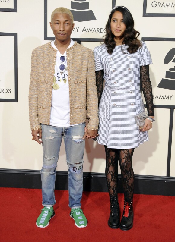 Pharrell Williams et sa femme Helen Lasichanh - 58e édition des Grammy Awards au Staples Center à Los Angeles, le 15 février 2016.