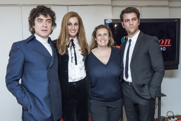 Riccardo Scamarcio (Orlando), Sveva Alviti (Dalida), Lisa Azuelos, Alessandro Borghi (Luigi Tenco) assistent à une conférence de presse pour le film Dalida réalisé par Lisa Azuelos, à Sanremo, le 5 avril 2016.