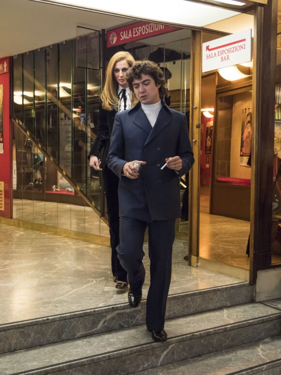 Riccardo Scamarcio (Orlando), Sveva Alviti (Dalida) assistent à une conférence de presse pour le film Dalida réalisé par Lisa Azuelos, à Sanremo, le 5 avril 2016.