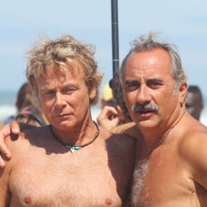 Franck Dubosc et Antoine Duléry sur le tournage de "Camping 3" à Biscarosse le 25 août 2015