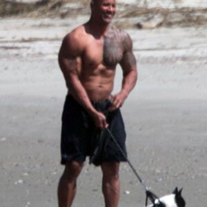 Exclusif - Dwayne Johnson promène son chien sur une plage à Miami, le 10 mars 2016