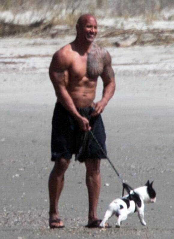 Exclusif - Dwayne Johnson promène son chien sur une plage à Miami, le 10 mars 2016