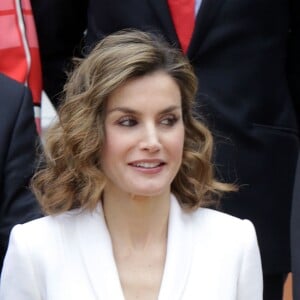 Le roi Felipe et la reine Letizia d'Espagne participaient à la réunion de la commission à l'occasion des 400 ans de la mort de Cervantes au palais de la Zarzuela à Madrid, le 14 avril 2016.