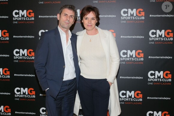 Claire Nebout et son compagnon Frédéric Taddeï à l'inauguration du CMG Sports Club ONE Saint-Lazare à Paris, le 28 avril 2016