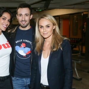 Laurie Cholewa, Romain Migdalski et Cécile de Ménibus à l'inauguration du CMG Sports Club ONE Saint-Lazare à Paris, le 28 avril 2016