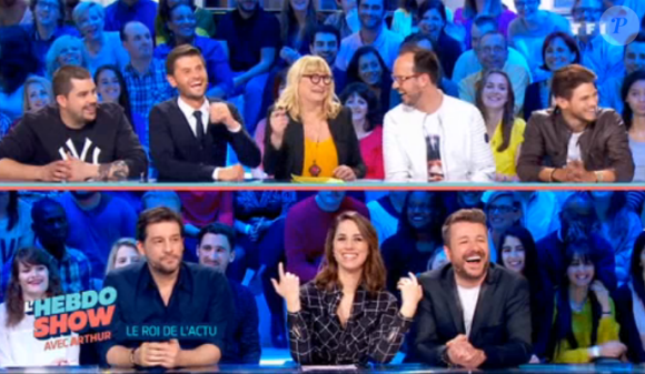 Rayane Bensetti et les chroniqueurs de L'Hebdo Show d'Arthur, le vendredi 29 avril 2016.
