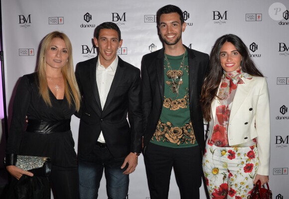 Angel Di Maria, sa femme Jorgelina Cardoso, Javier Pastore et Chiara Picone - Lancement des smartphones "BM by DWN TWN" de la marque Danew co-créés par Matuidi (joueur du PSG) à Paris, le 5 mai 2016. © Veeren/Bestimage