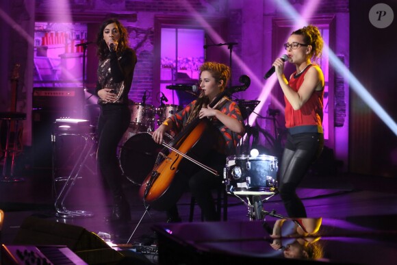 Exclusif - Le groupe L.E.J (Lucie Lebrun, Juliette Saumagne et Elisa Paris), lors de l'enregistrement de l'émission Du côté de chez Dave à Paris, le 16 février 2016 (diffusion le 8 mai 2016 à 16h10 sur France 3).